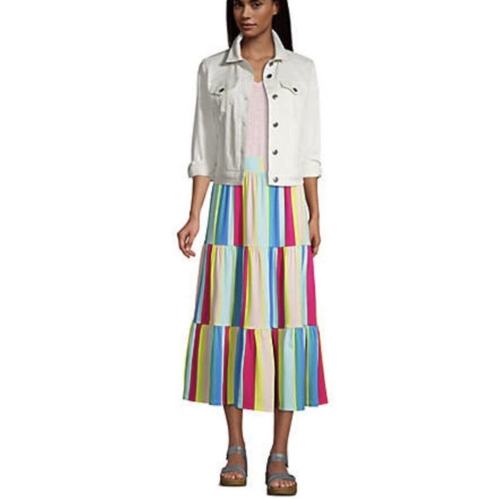 NWT Lands End Women Hi Rise Pull On Tiered Midi Skirt Rainbow Size L $75 FFF259